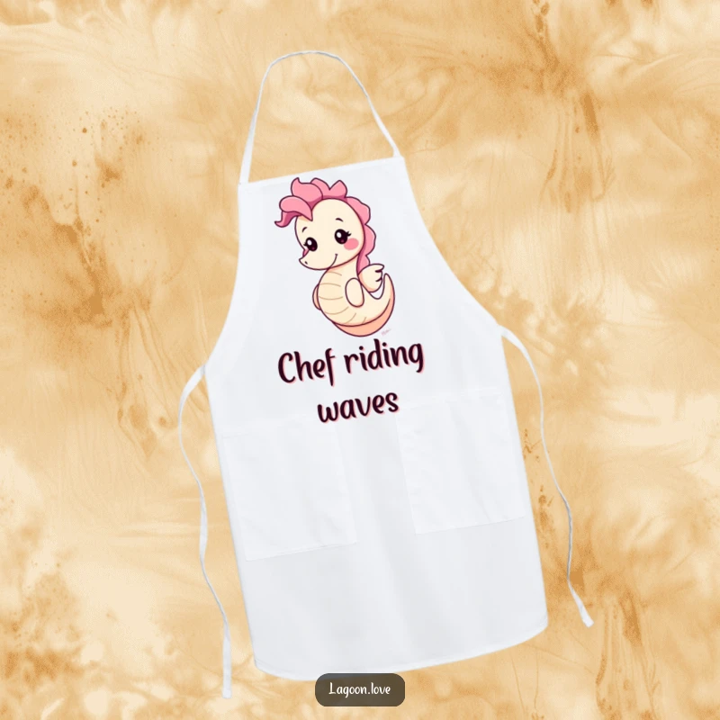 Funny cute round cartoon seahorse apron, bobbing playfully with a cheerful grin, adding humor and charm to kitchen activities.
