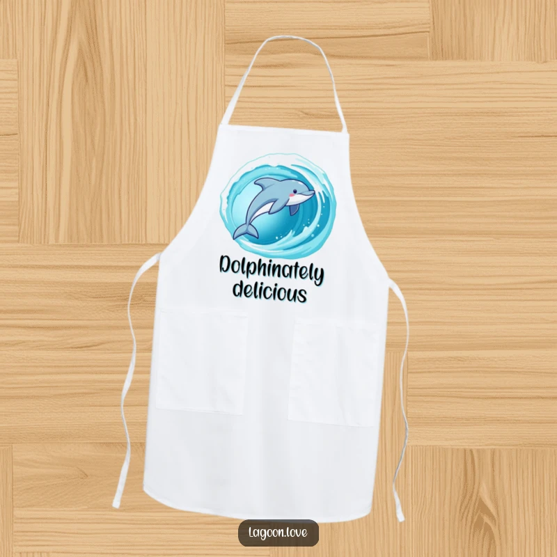 Funny Dolphin Apron showing a playful dolphin leaping from a cerulean wave, perfect for a fun kitchen.