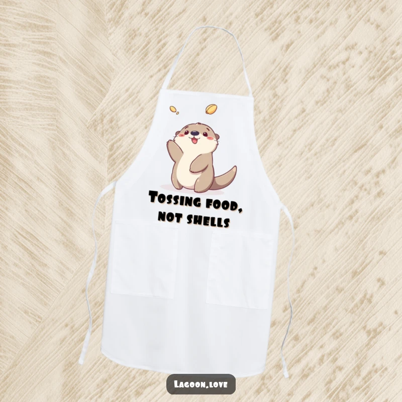 Funny sea otter apron with a fluffy cartoon otter gleefully tossing a shell, ideal for culinary adventures.