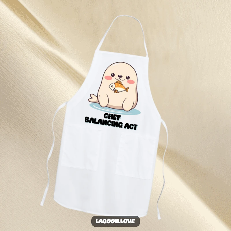 Funny apron: a plump, round seal balancing a tiny, brightly colored fish on its nose.