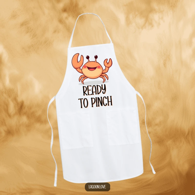 Funny apron: a cheerful, stubby crab with a wide grin waves a large claw.