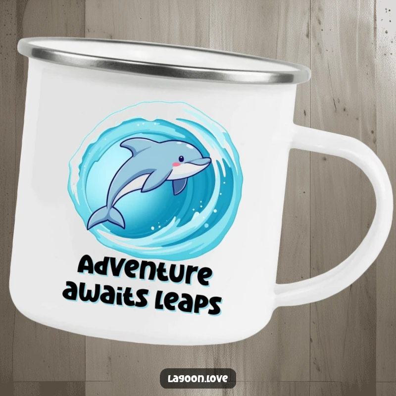 Funny Dolphin Camping Mug featuring a playful dolphin leaping from a cerulean wave, a durable and humorous outdoor mug.
