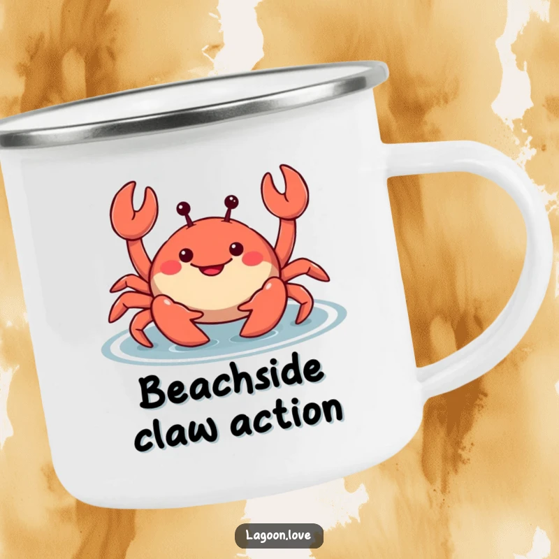 Funny smiling cartoon crab camping mug, wiggling its claws mischievously in shallow water, a humorous companion for outdoor sips.