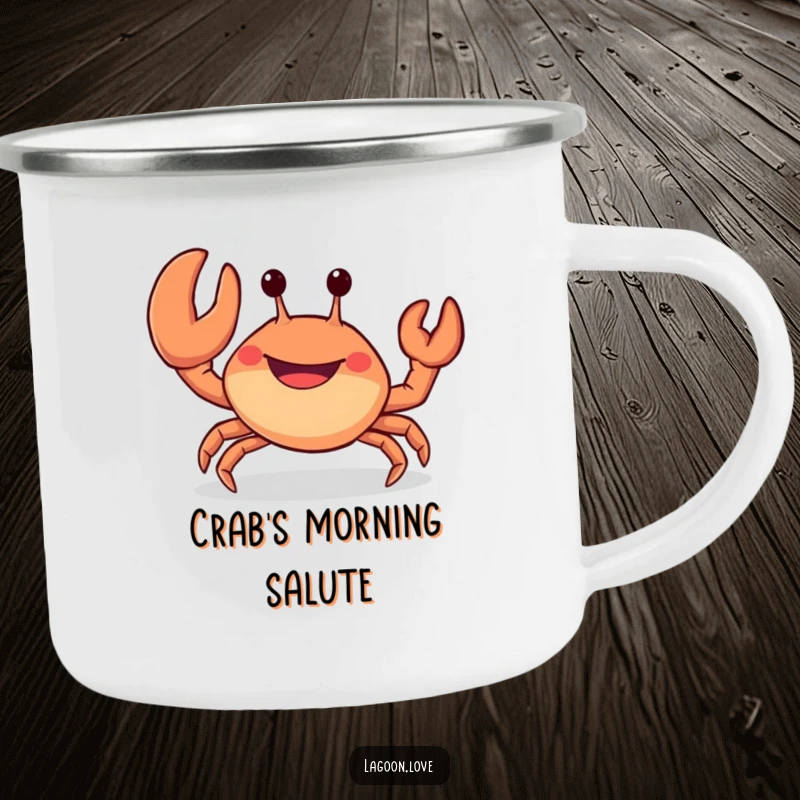 Funny camping mug: a cheerful, stubby crab with a wide grin waves a large claw.