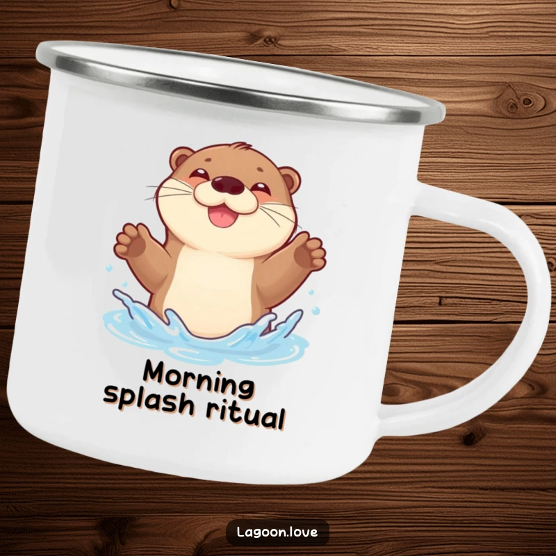 Funny camping mug: a joyful, bouncy otter gleefully splashing water with both front paws raised.