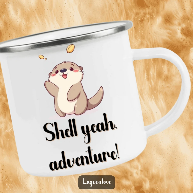 Funny sea otter camping mug showing a fluffy cartoon otter gleefully tossing a shell, built for the outdoors.