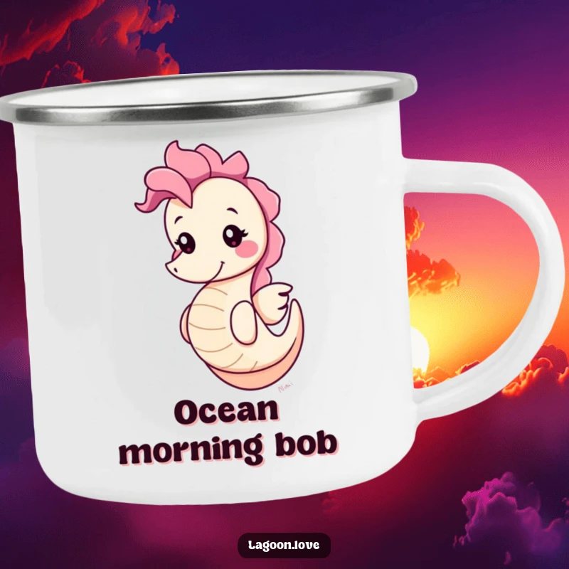 Funny cute round cartoon seahorse camping mug, bobbing playfully with a cheerful grin, a humorous companion for outdoor sips.