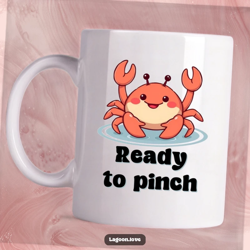 Funny smiling cartoon crab mug, wiggling its claws mischievously in shallow water, a humorous beach-themed design.
