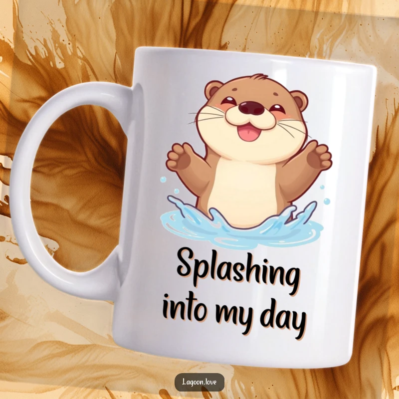 Funny mug: a joyful, bouncy otter gleefully splashing water with both front paws raised high in excitement.