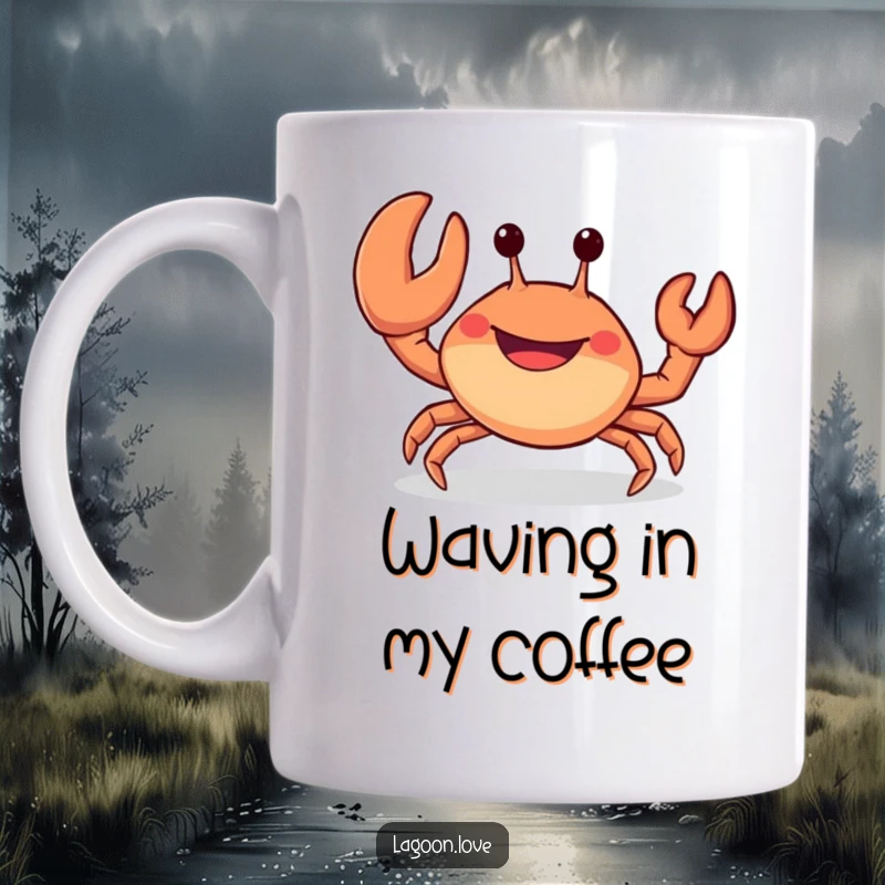Funny mug: a cheerful, stubby crab with a wide, open-mouthed grin waving a big claw enthusiastically.
