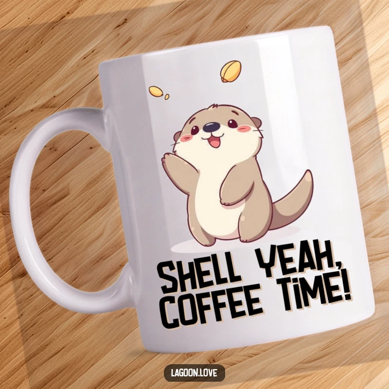 Funny sea otter mug featuring a fluffy cartoon otter gleefully tossing a shell, spreading smiles.