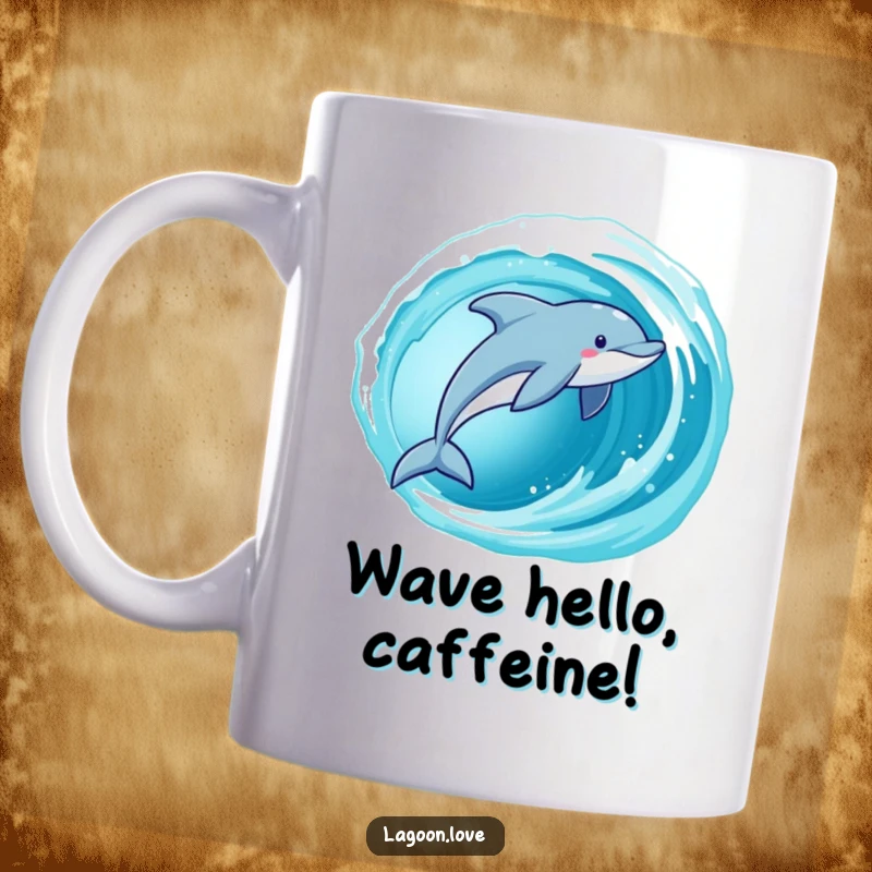 Funny Dolphin Mug showcasing a playful dolphin leaping joyfully from a cerulean wave, perfect for ocean lovers.
