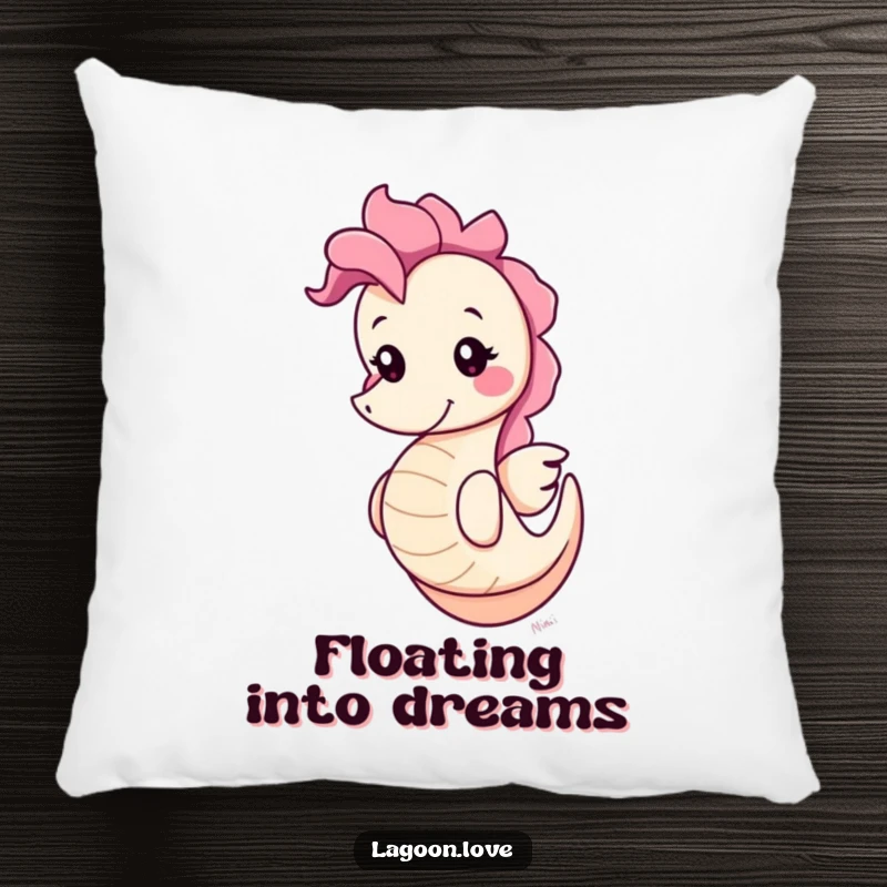 Funny cute round cartoon seahorse pillow, bobbing playfully with a cheerful grin, a comfortable and humorous decorative accent.