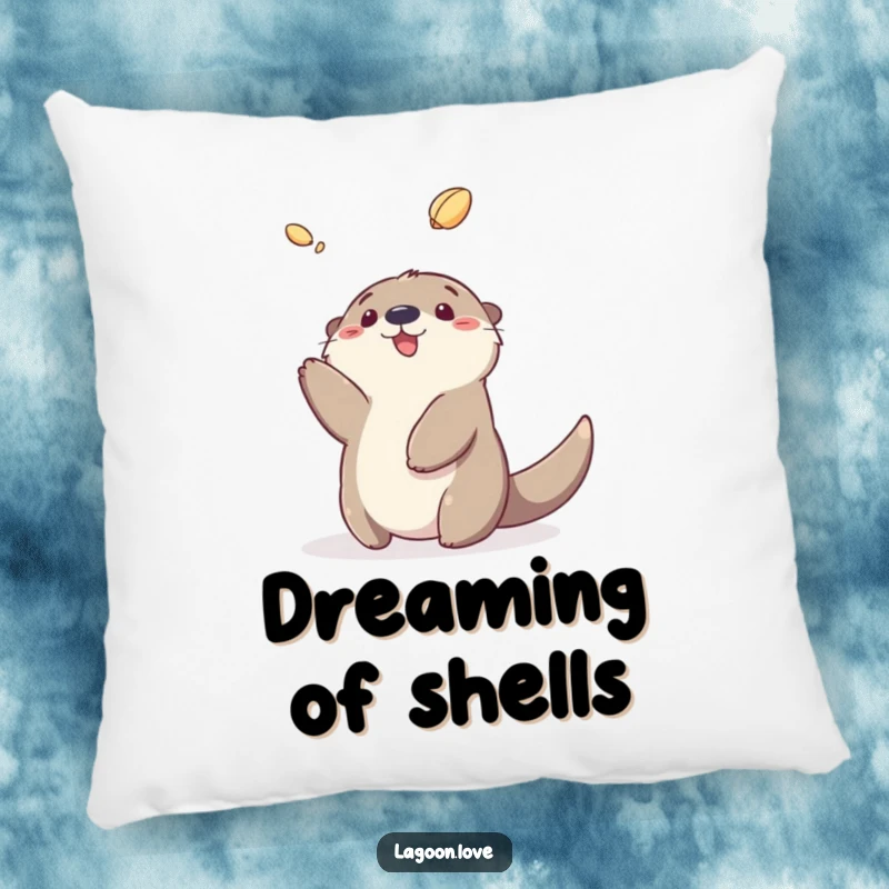 Funny sea otter pillow featuring a fluffy cartoon otter gleefully tossing a shell, perfect for comfort.