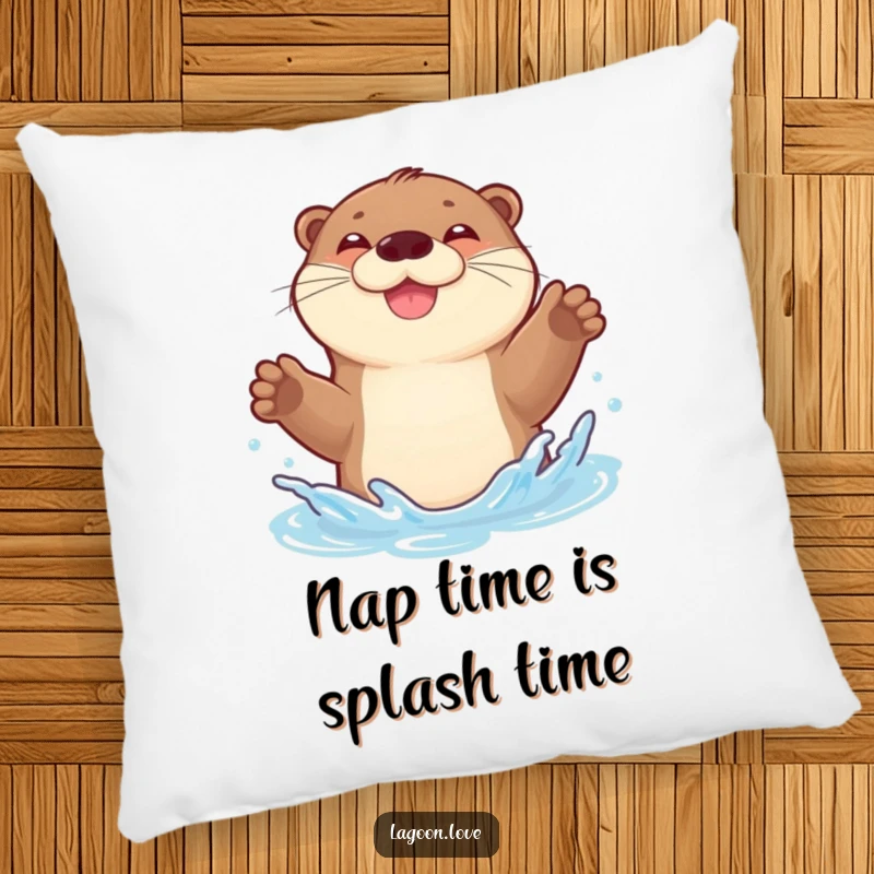 Funny pillow: a joyful, bouncy otter gleefully splashing with both front paws raised.
