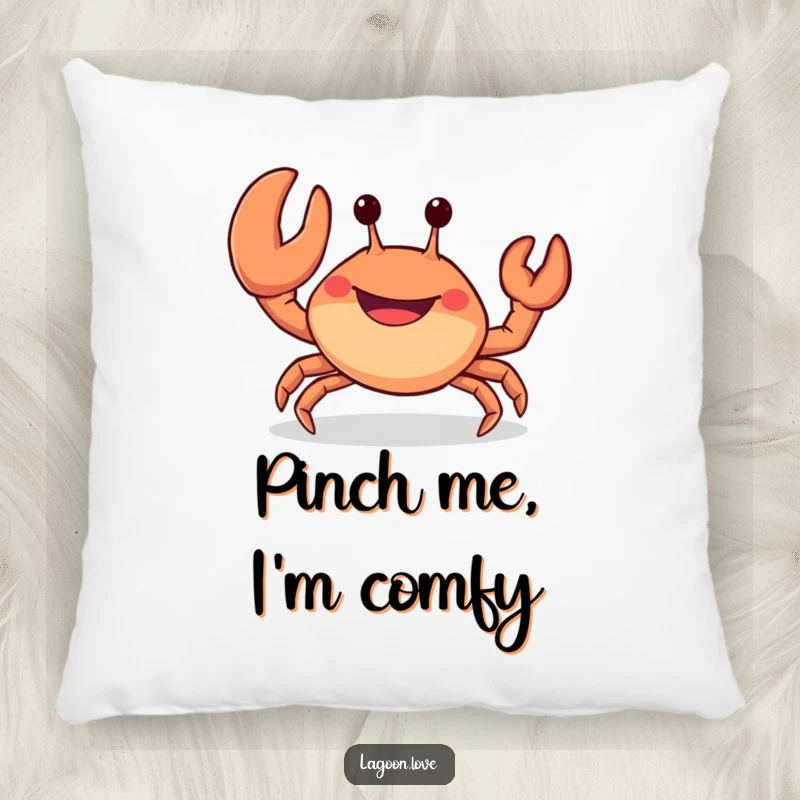 Funny pillow: a cheerful, stubby crab with a wide, open-mouthed grin waves a large claw.