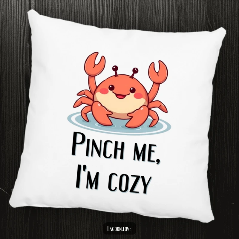 Funny smiling cartoon crab pillow, wiggling its claws mischievously in shallow water, a comfortable and humorous decorative accent.