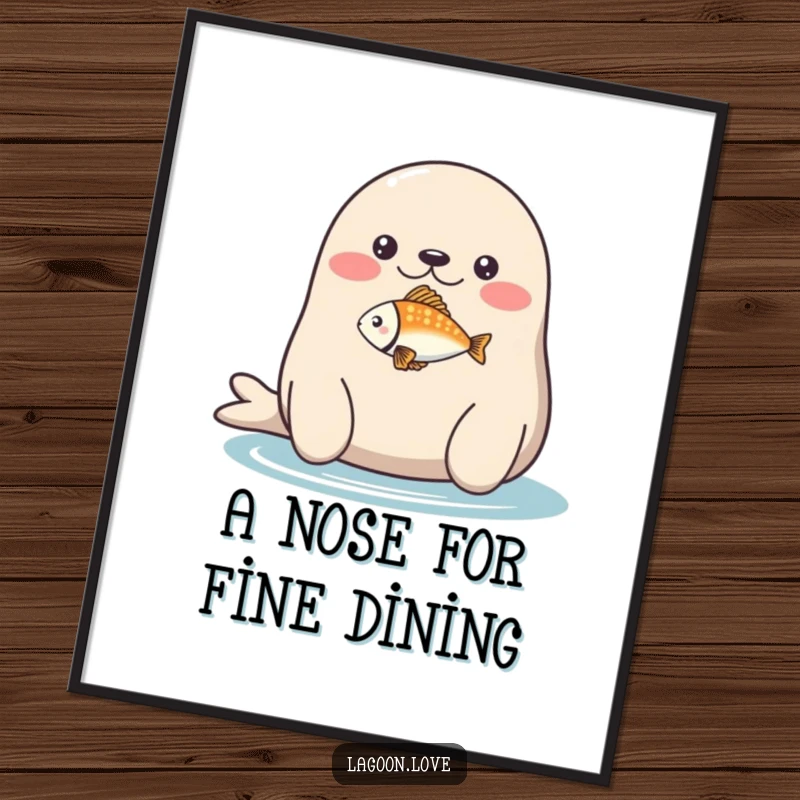 Funny digital art print: a plump, round seal balancing a tiny, brightly colored fish on its nose.