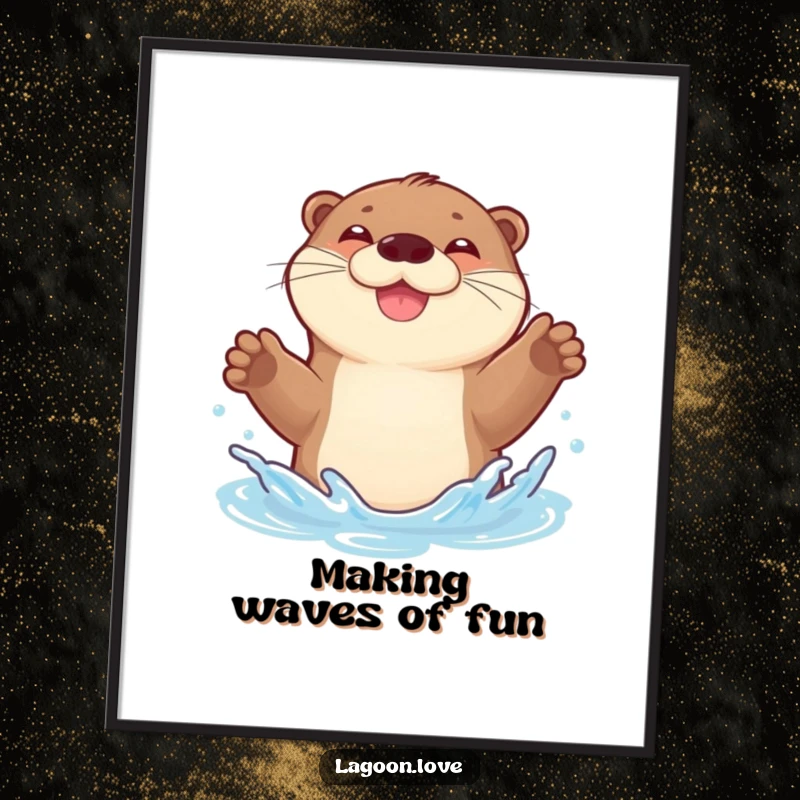 Funny digital art print: a joyful, bouncy otter gleefully splashing water with both front paws raised.