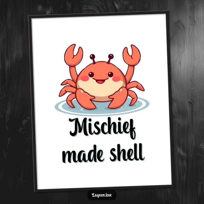 Funny smiling cartoon crab digital art print, wiggling its claws mischievously in shallow water, delivering instant seaside whimsy.