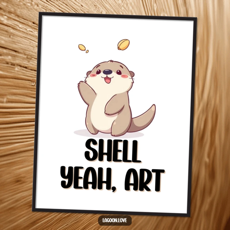 Funny sea otter digital art print of a fluffy cartoon otter gleefully tossing a shell, ready for instant download.