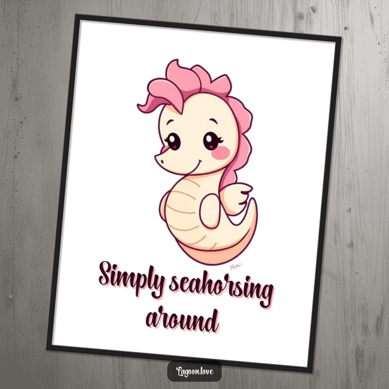 Funny cute round cartoon seahorse digital art print, bobbing playfully with a cheerful grin, delivering instant underwater whimsy.