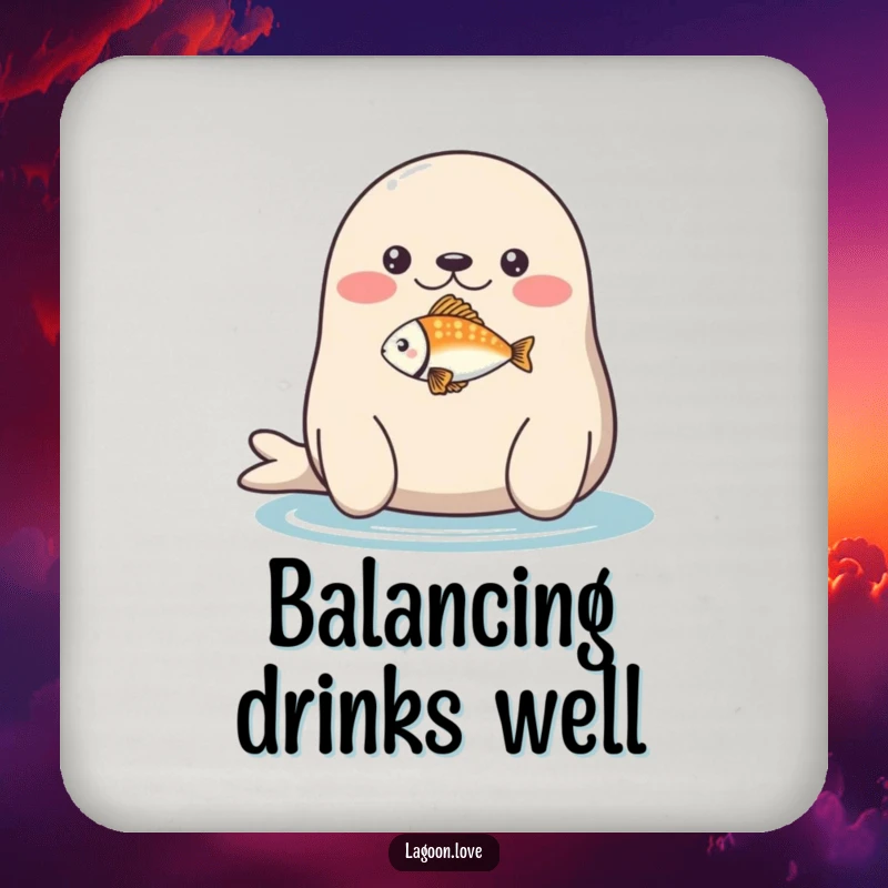 Funny coaster: a plump, round seal balancing a tiny, brightly colored fish on its nose.