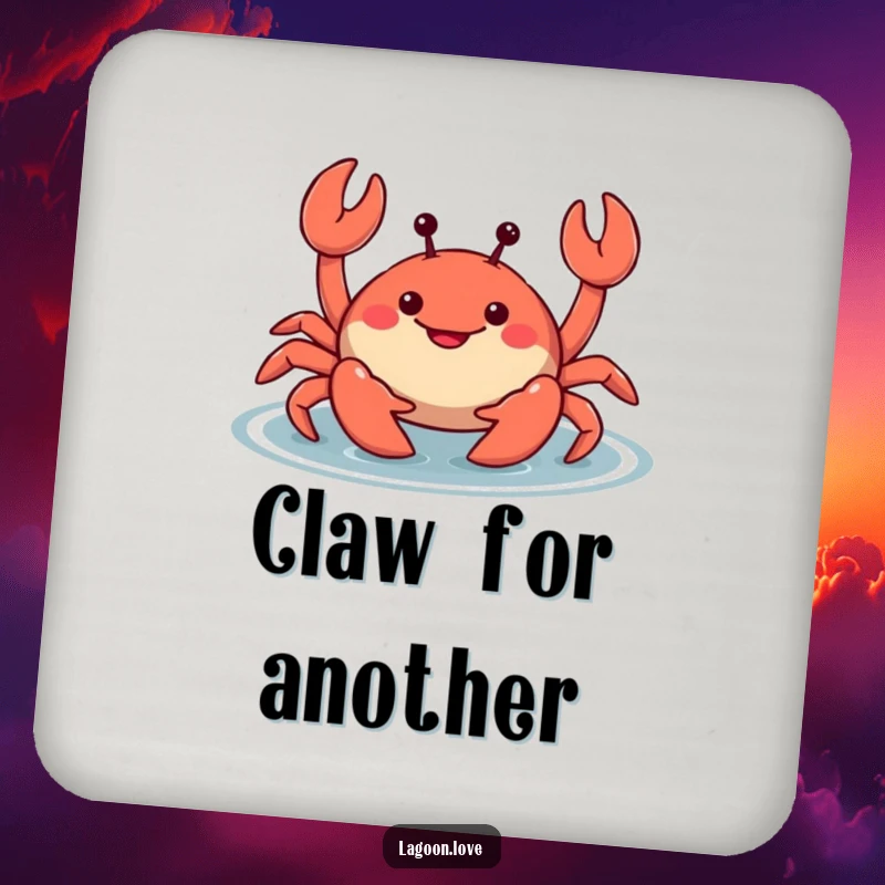 Funny smiling cartoon crab coaster, wiggling its claws mischievously in shallow water, adding humorous coastal charm to drink service.