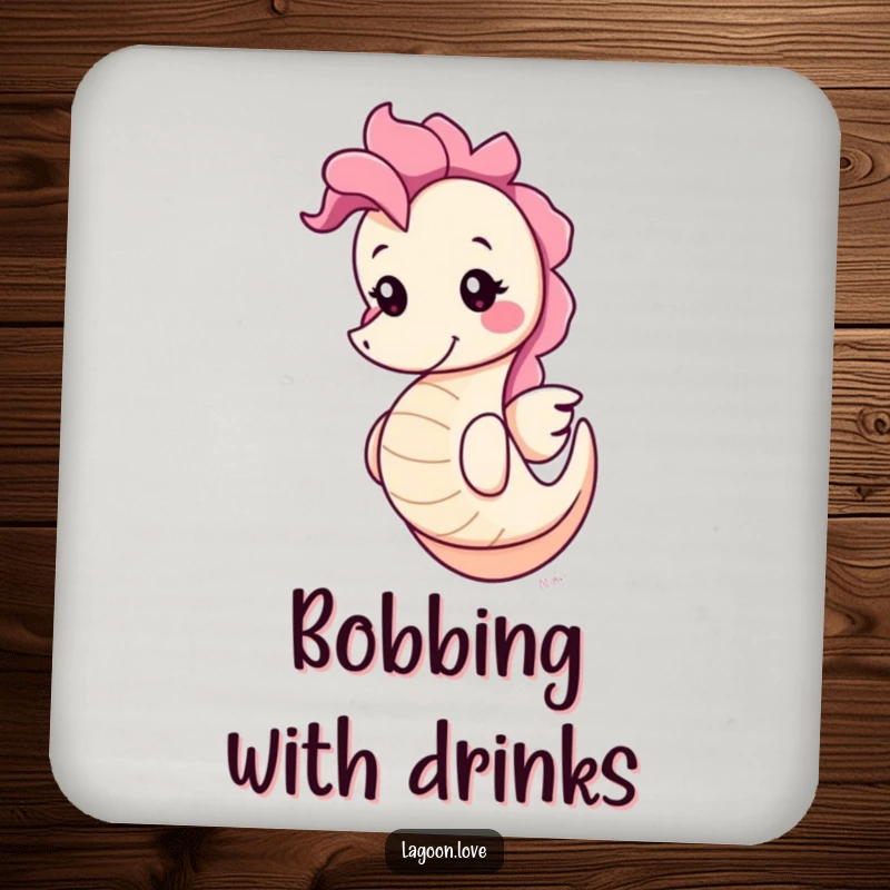 Funny cute round cartoon seahorse coaster, bobbing playfully with a cheerful grin, adding humorous underwater charm to drink service.