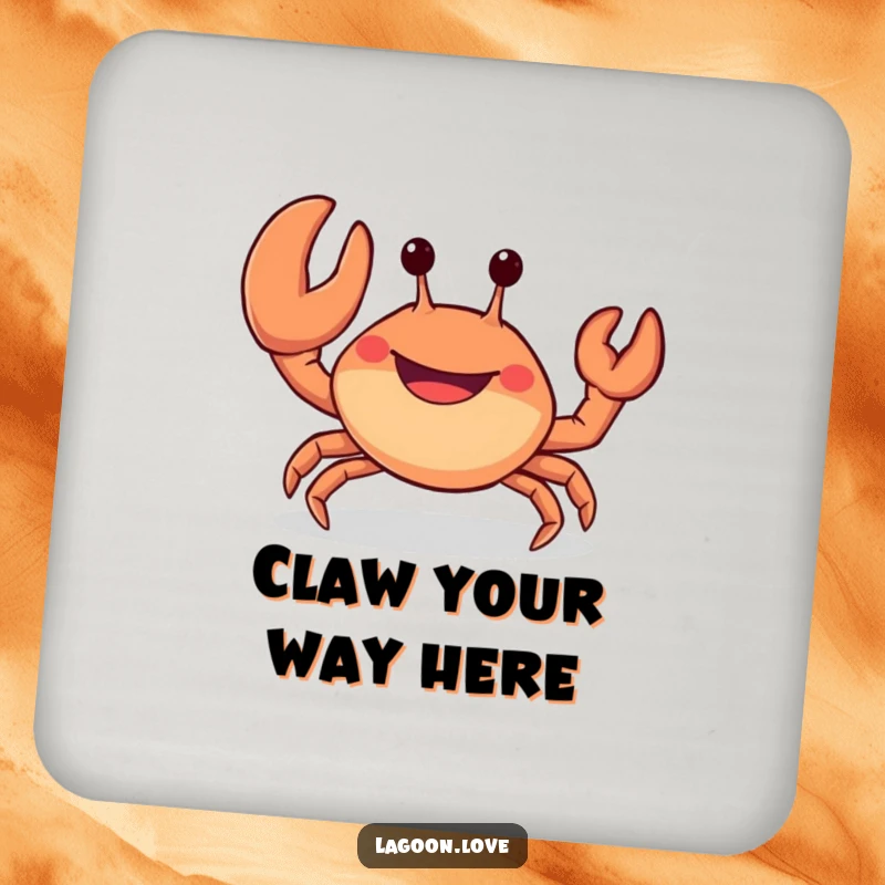 Funny coaster: a cheerful, stubby crab with a wide, open-mouthed grin waves a large claw.