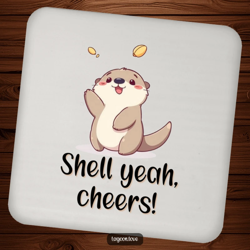 Funny sea otter coaster featuring a fluffy cartoon otter gleefully tossing a shell, protecting your furniture.