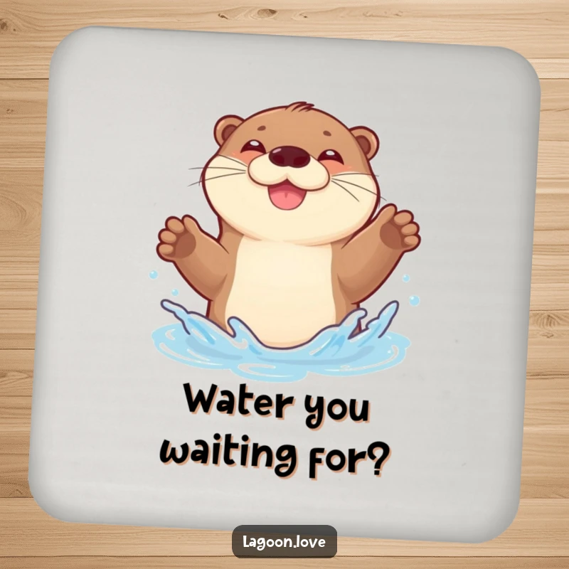 Funny coaster: a joyful, bouncy otter gleefully splashing water with both front paws raised.