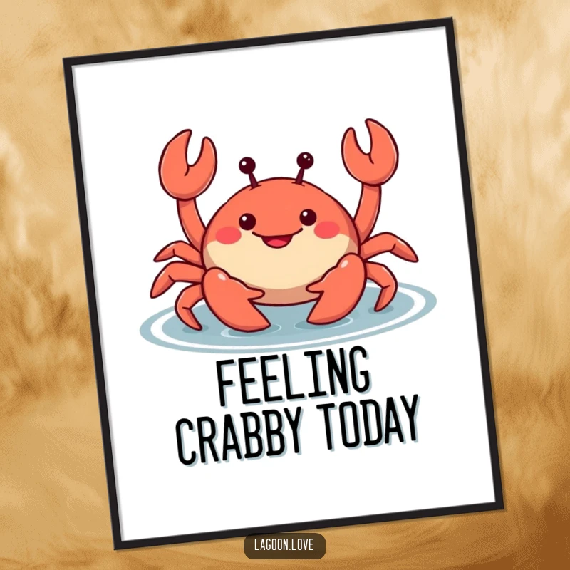 Funny smiling cartoon crab poster, wiggling its claws mischievously in shallow water, creating a humorous and charming coastal scene.