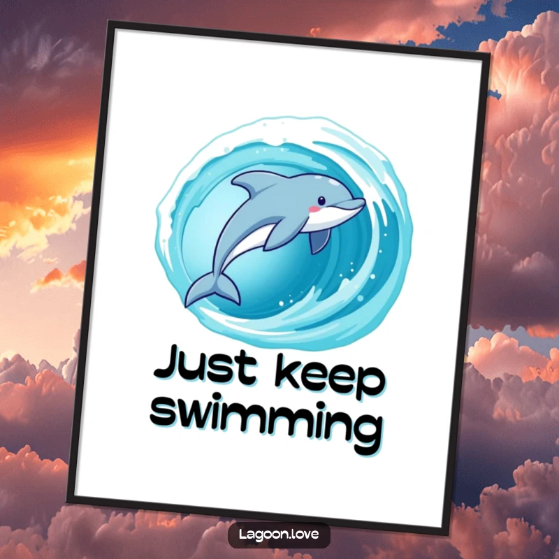 Funny Dolphin Poster depicting a playful dolphin leaping energetically from a cerulean wave, vibrant ocean wall art.