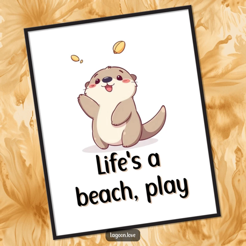 Funny sea otter poster showing a fluffy cartoon otter gleefully tossing a shell, bringing joy to any room.
