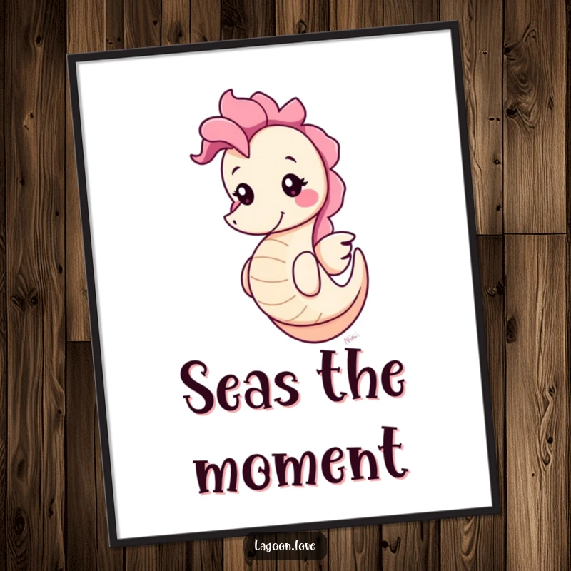Funny cute round cartoon seahorse poster, bobbing playfully with a cheerful grin, creating a humorous and charming underwater scene.