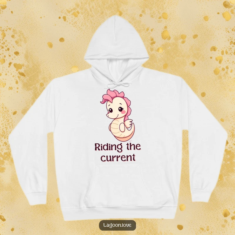 Funny cute round cartoon seahorse hoodie, bobbing playfully with a cheerful grin, offering warmth and underwater charm.
