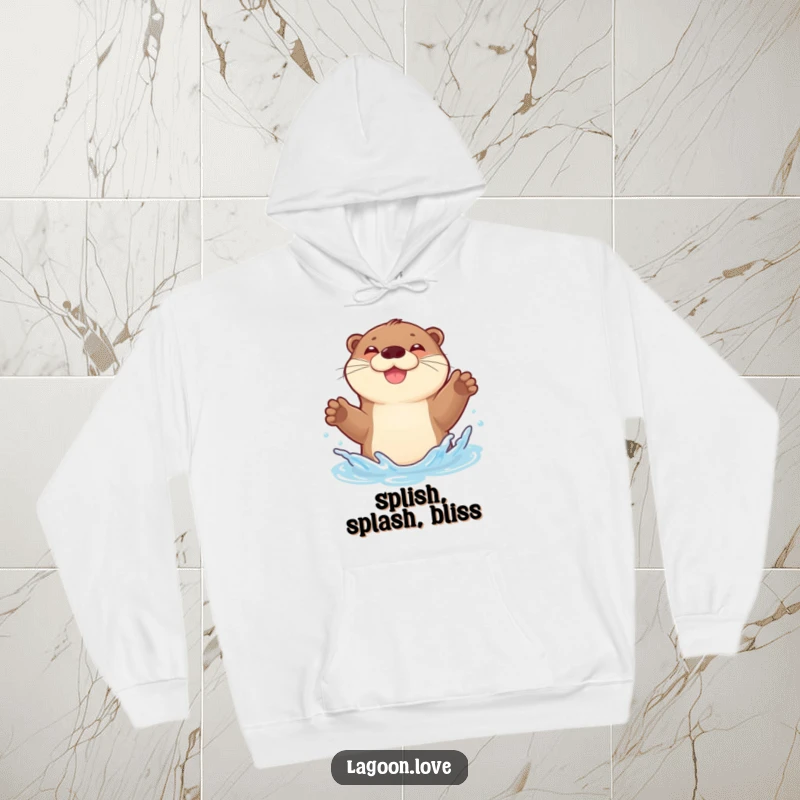 Funny hoodie: a joyful, bouncy otter gleefully splashing with both front paws raised high in the water.