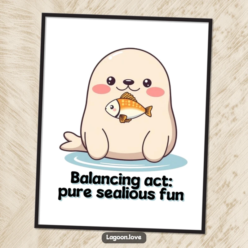 Funny Free Printable Wall Art: A plump seal with a tiny, brightly colored fish balanced perfectly on its nose.