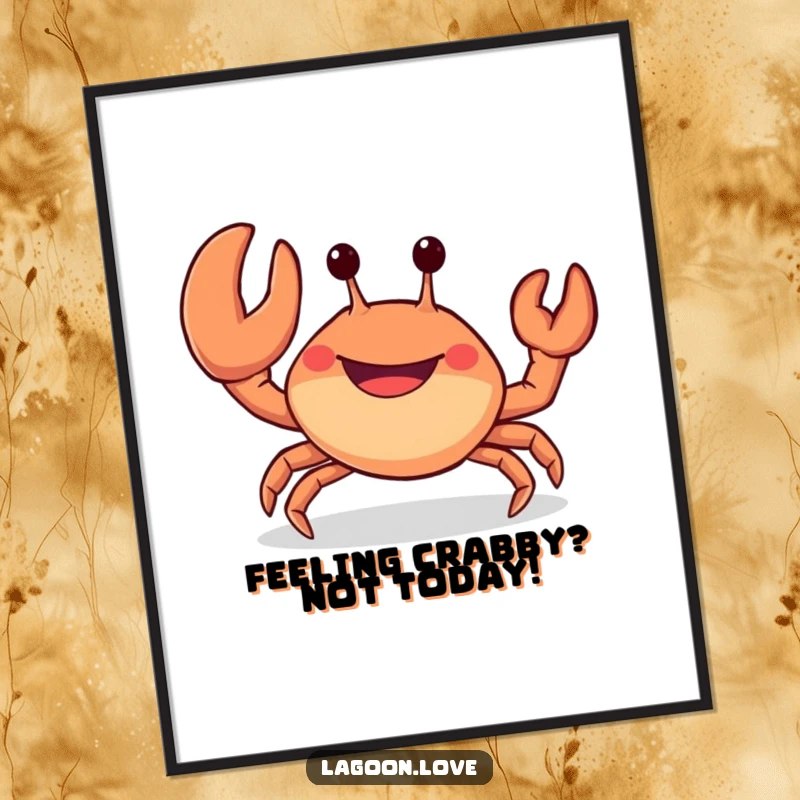 Funny Free Printable Wall Art: A cheerful, stubby crab waving a large claw with a wide, open-mouthed grin.
