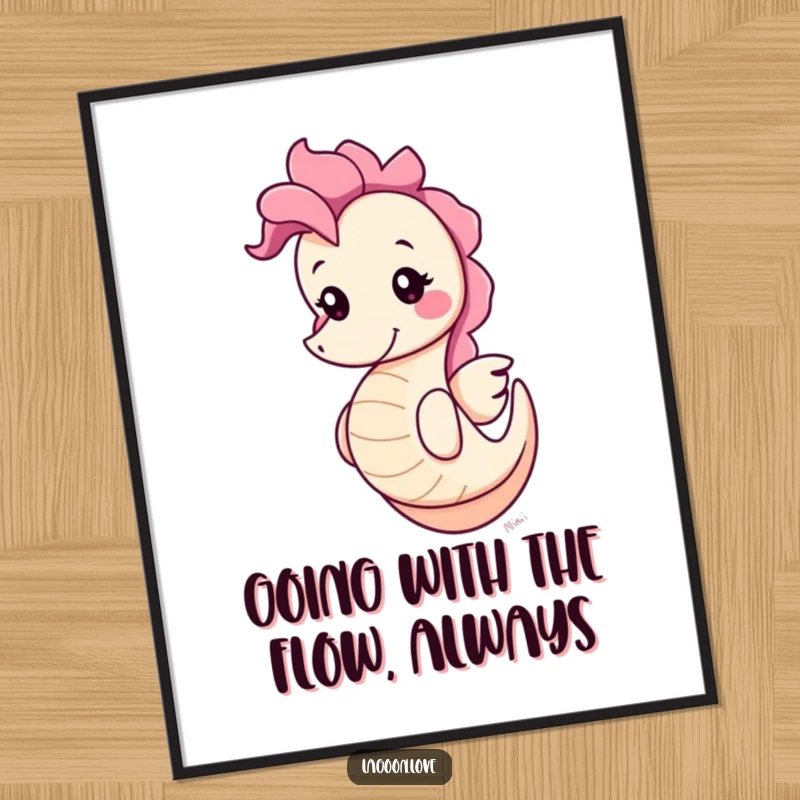 Funny Free Printable Wall Art: A cute, round cartoon seahorse with a wide, cheerful grin bobbing playfully underwater.