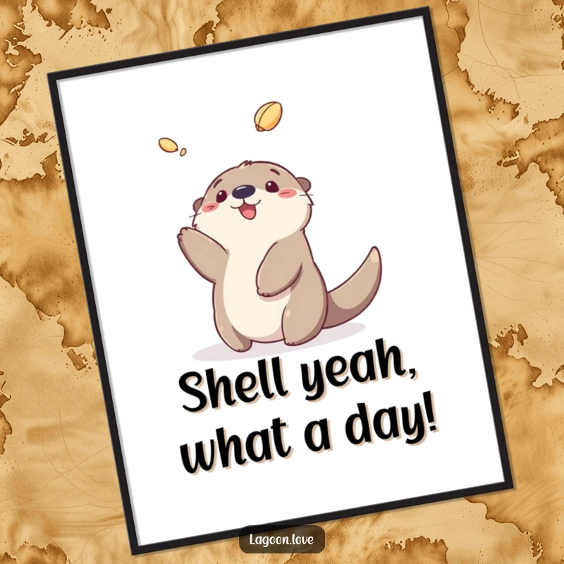 Funny Free Printable Wall Art showcasing a joyful cartoon sea otter gleefully tossing a small shell into the air.