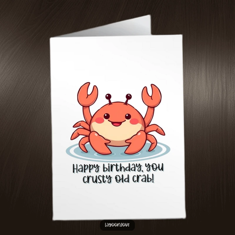 Funny Free Printable Birthday Card: A chubby, smiling crab wiggling its claws playfully in shallow water, wishing happy birthday.