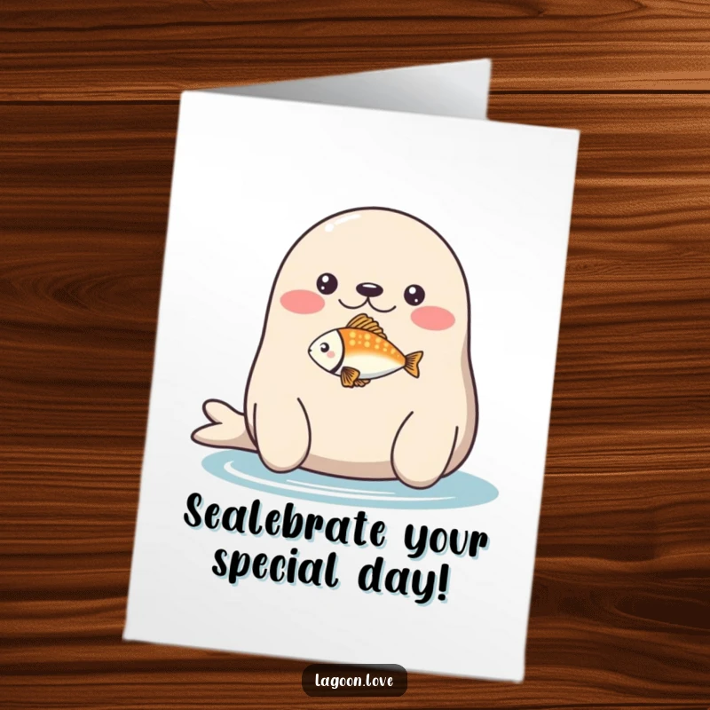 Funny Free Printable Birthday Card: A plump, round seal balancing a tiny, brightly colored fish perfectly on its nose.