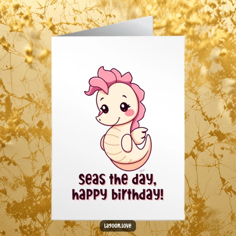 Funny Free Printable Birthday Card: A cute, round seahorse with a big grin bobbing playfully, sending birthday cheer.