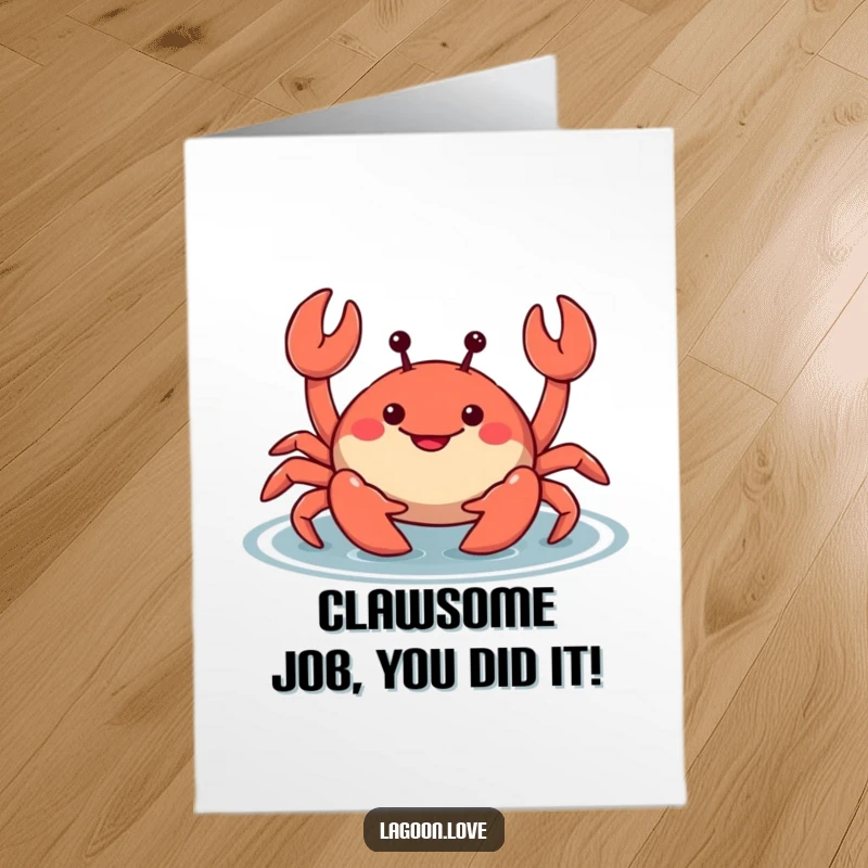 Funny Free Printable Congrats Card: A smiling, chubby crab mischievously wiggles its claws, celebrating a big win.