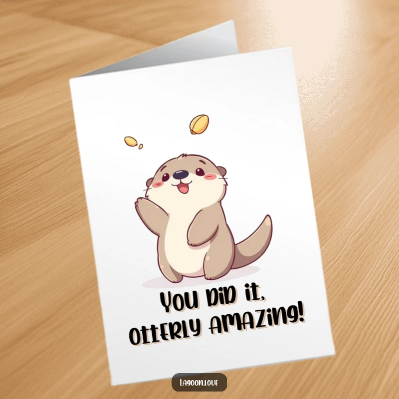 Funny Free Printable Congratulations Card depicting a happy sea otter tossing a shell in celebration.