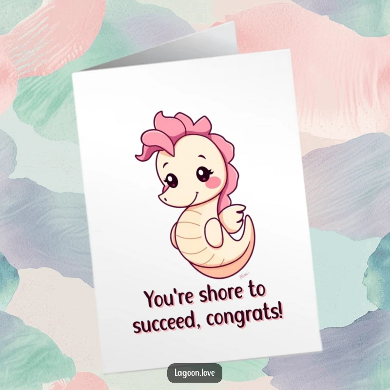 Funny Free Printable Congrats Card: A round, smiling seahorse bobbing playfully in the water, celebrating an achievement.