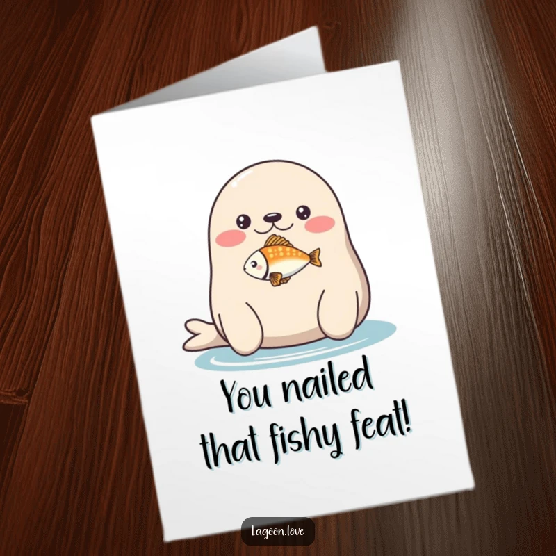 Funny Free Printable Congrats Card: A plump seal expertly balancing a tiny, colorful fish on its nose.