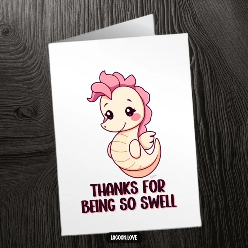 Funny Free Printable Thank You Card: A cute, round seahorse with a cheerful grin bobbing playfully, offering thanks.